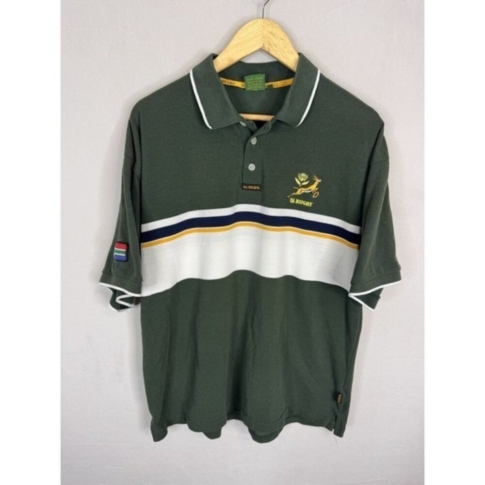 SA Rugby South Africa Springboks Vintage Green Striped Polo Shirt Large